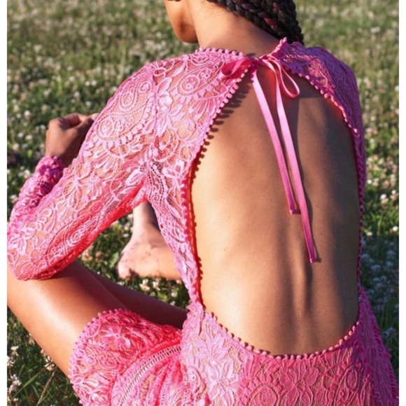 For Love & Lemons x Free People Emerie XS S M L Pink Allover Lace Cutout Mini - Picture 2 of 11